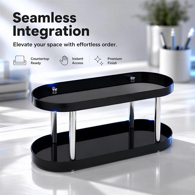 Desktop Organizer, Modern Double Layer Elliptical Storage Rack with Stable Dual Pillar Support, Makeup Desk Organizer for Vanity, Office, Kitchen Spice Countertop, Black and White