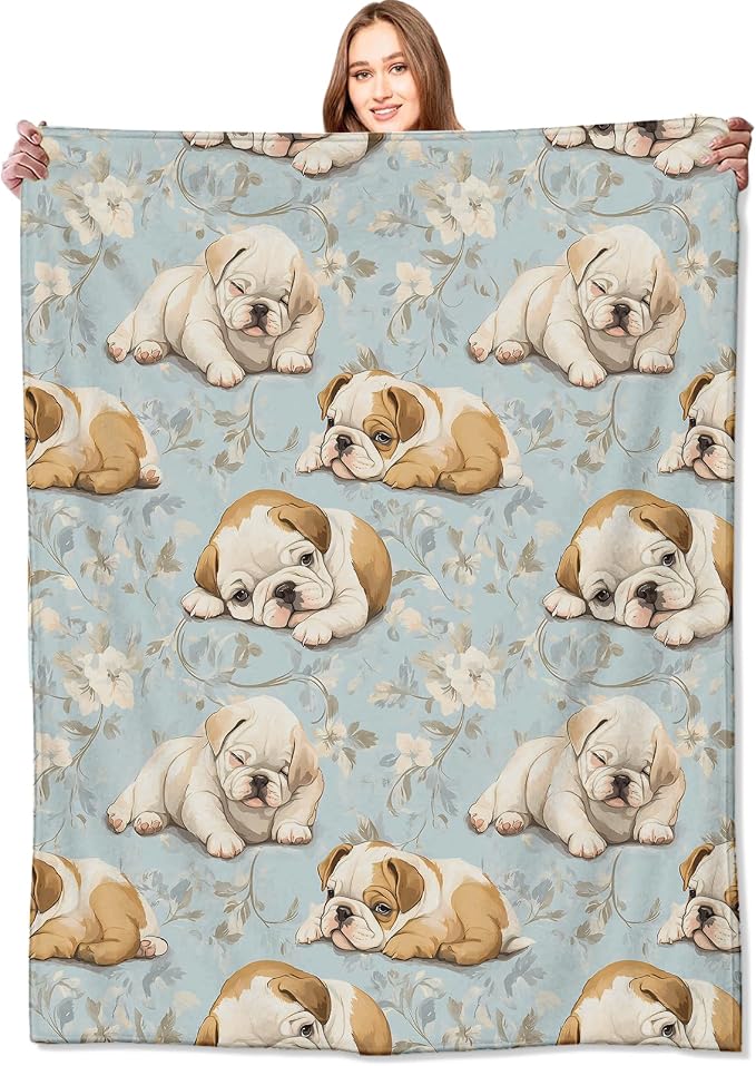 English Bulldog Blanket,50x60in,Cute Dog and Blue Floral Throw Blankets,Birthday Gifts for Kids Adult & Pet Lovers, Lightweight Soft Fleece Cozy,for Sofa Couch Bed Room Modern Decor