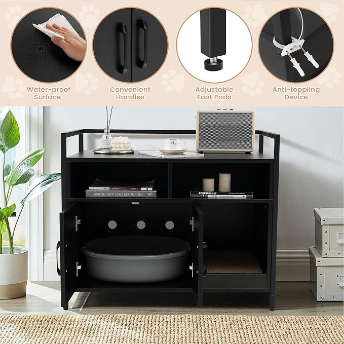 GIANTEX Cat Litter Box Enclosure, Hidden Cat Cabinet Furniture, Dog-Proof | Scratch Pad, Front Entry, Double Doors, 2-Compartment Storage, Wooden Pet House Washroom End Side Table for Living Room