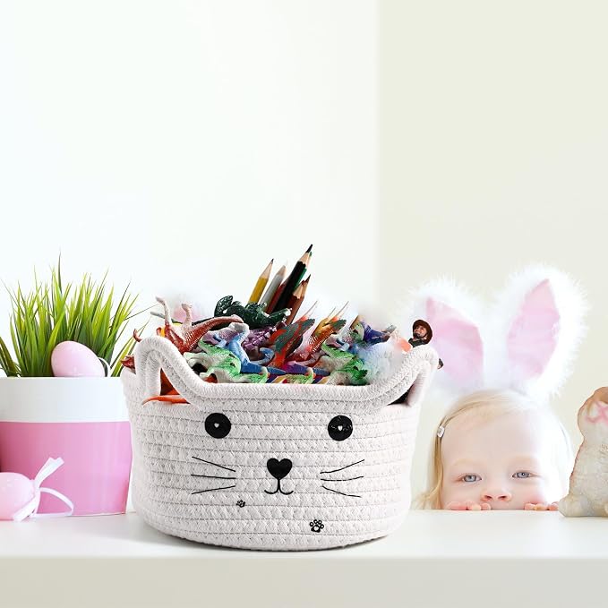 Zopeal Cat Woven Gift Basket, 8.3 x 4.7 Inch, white | Cute Cotton Rope Organizer with Handles for Toy Box, Nursery Decor, Decorative Bin, Pet Supplies Holder, Desk Storage
