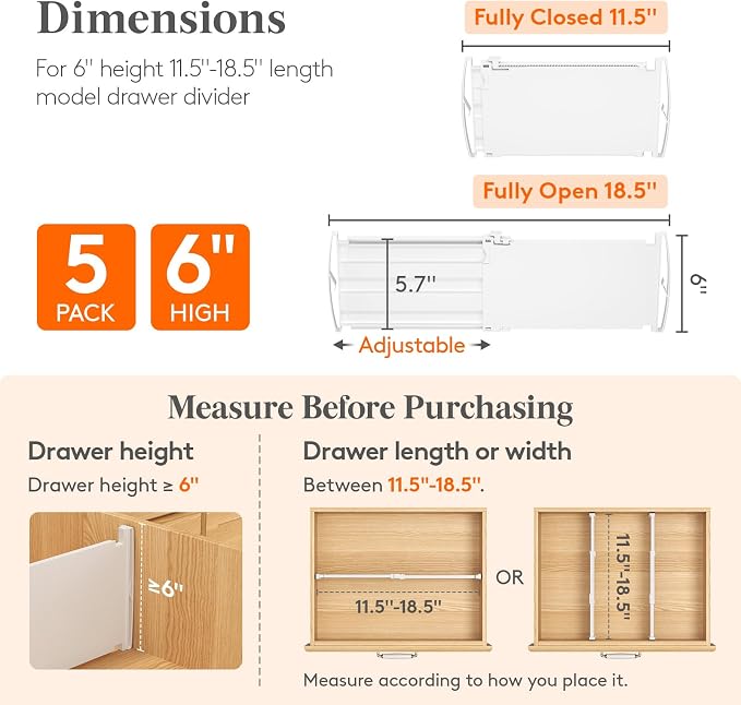 Lifewit 6" Tall Drawer Dividers, Adjustable Deep Drawer Organizer Clothes | 5 Pack 11.5"-18.5" Expandable White Plastic Separators for Dresser, Kitchen, Cabinet, Closet, Office Organization & Storage