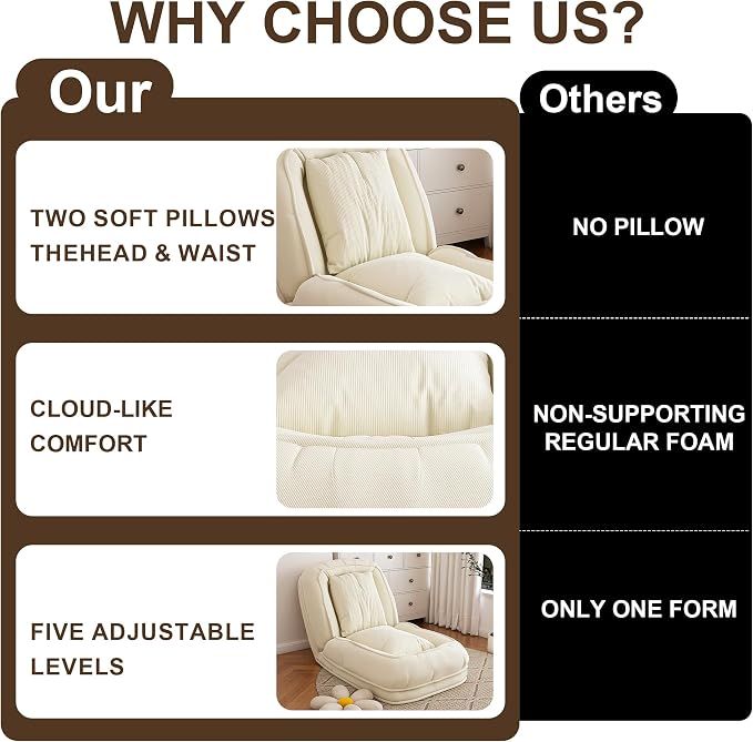 Human Dog Bed for Adults and Pets, Upholstered Foldable Lazy Sofa Bed with 5 Adjustable Positions, Corduroy Floor Sofa Bed with 2 Pillows, Convertible Recliner for Living Room, Reading Corner