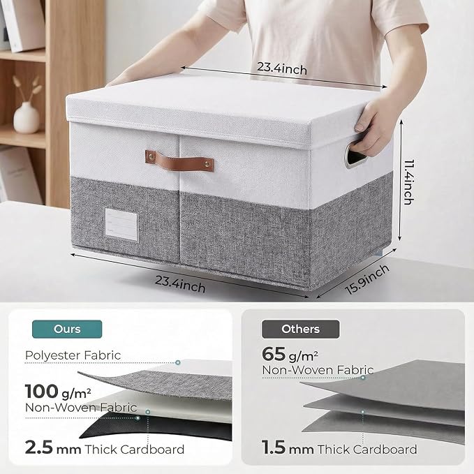 Storage Bins with Lids [3-Pack] Linen Fabric Foldable Storage Boxes Organizer Containers Baskets Cube with Cover for Bedroom Closet Office Grey&White (23.4X15.9X11.4)