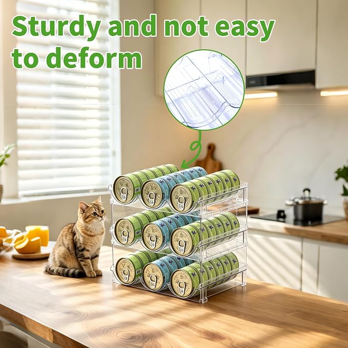 Cat Can Storage Organizer for Pantry, High Clear Acrylic Dog Canned Food Storage Rack 2 Tier Stackable Shelf for Pet Cans Dispenser with Can Cover Lid and Spoon (3 Tier Stackable Pet Can Organizer)