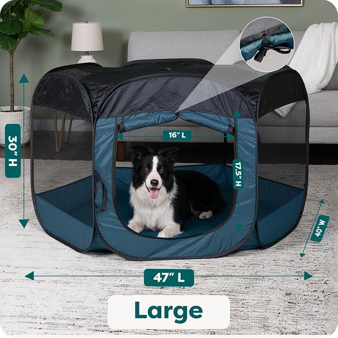 FurHaven Soft-Sided Dog & Cat Playpen, Portable Foldable Indoor & Outdoor Pet Playpen with Mesh Windows & Zippered Door, Sailor Blue, Large