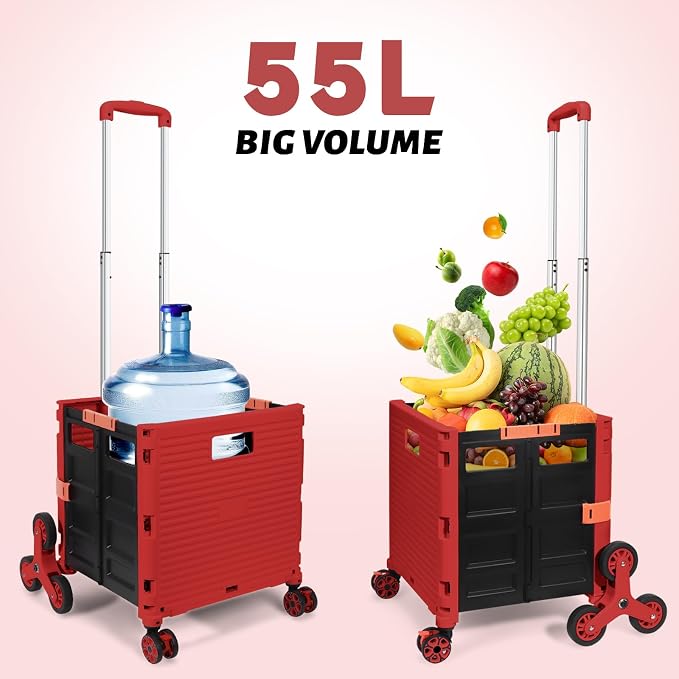 FELICON SELORSS Folding Utility Climber Cart Portable Rolling Crate-Red | Stair Climbing Wheels+360°Swivel Wheels,Telescoping Handle,Plastic Box Dolly for Travel Shop Move Laundry Office Teacher Use