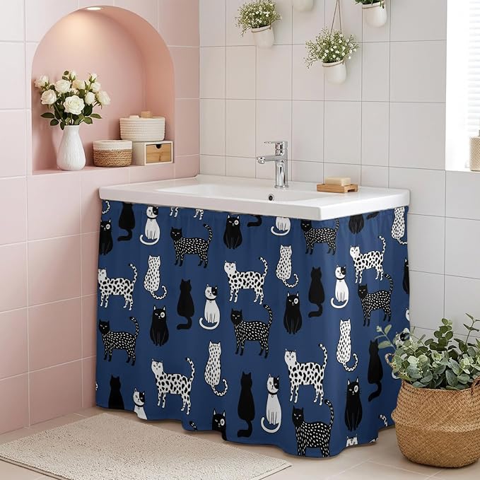 Cat Animal Cabinet Curtain 35"Wx35"L, Dustproof Under Sink Skirt with Self Adhesive Tape, Navy Blue Earthy Tone Vintage Pet Modern Cabinet Curtain Cover for Kitchen Sink, Bathroom Vanity, Laundry Room