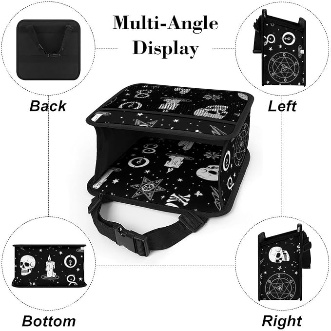 Car Seat Back Organizer Hanging Storage Pouch with Pockets, Gothic Trippy | Moon Skull Dark Black Cat Witch Magic Spirit Board, PU Leather Vehicle Backseat Accessories Space Saving, Universal Fit