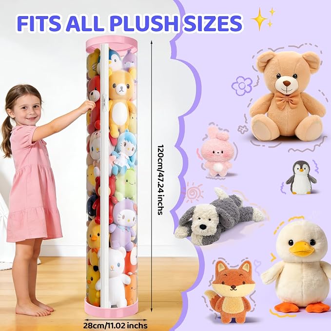 Stuffed Animal Storage Tube, Dust-Resistant 47x11 Inches Large Capacity Toy Storage Organizer with Zipper, Easy Assembly & Space Saving for Plush Toys, Playrooms Living Rooms Bedrooms Pink