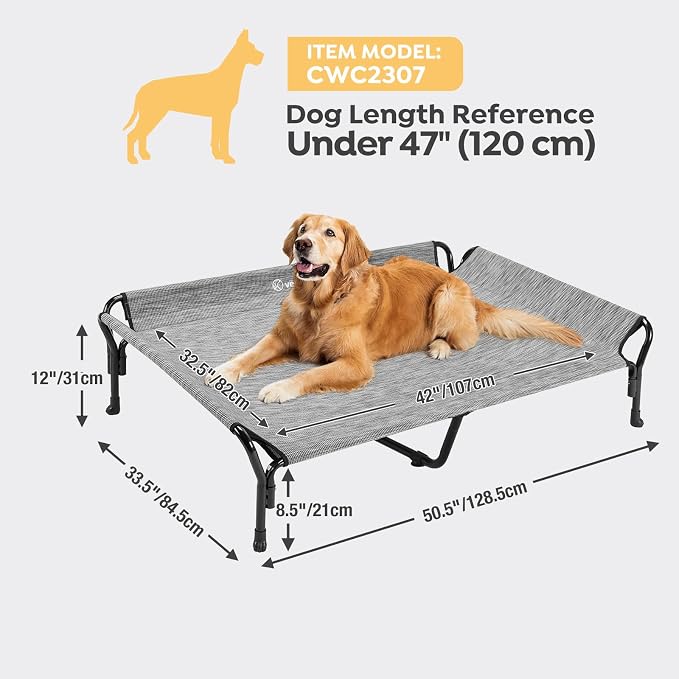 Veehoo Cooling Elevated Dog Bed, Raised Dog Cot with Guardrail & Headrest | Washable Dog Couch Bed for Indoor & Outdoor, Durable Breathable Teslin Mesh, Non-Slip Feet, 51" x 34", XLarge, Black Silver