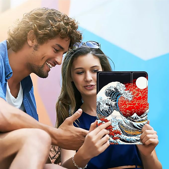Universal Tablet Case for T-Mobile Revvl Tab 2 10.1" 2025/Revvl Tab 5G 10.36" 2023, 360 Degree Rotating Kickstand Protective Stand PU Leather Shell Cover for 9"-10.5", Red Sunset Waves