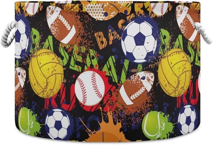 Sport Ball Print Collapsible Round Storage Basket with Handles | Basketball Baseball Large Laundry Baskets Hamper, Clothes Organizer Bin for Bedroom Living Room Decor, 20x 20x 14 Inches