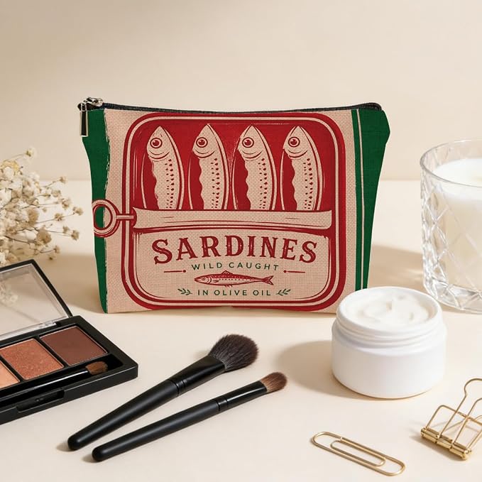 JIUWEIHU Vintage Sardines Gifts Makeup Bag Canned Sardines Cosmetic Bag | Travel Toiletry Bags Fish Makeup Pouch Christmas Birthday Gifts for Women Mom Girls Sisters Friends Sardine Lovers
