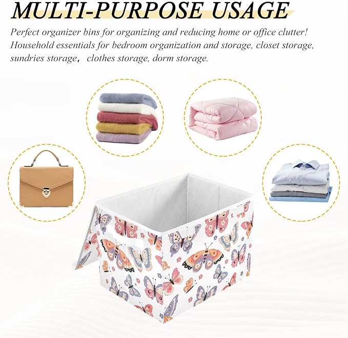 Butterfly Fabric Storage Bins with Lid Foldable Storage Boxes 40L Baskets | Decorative Storage Boxes, Dust-Proof Flip Top, Reinforced Handles, For Home & Bedroom, Clothes & Toy Box, Oxford Fabric Print