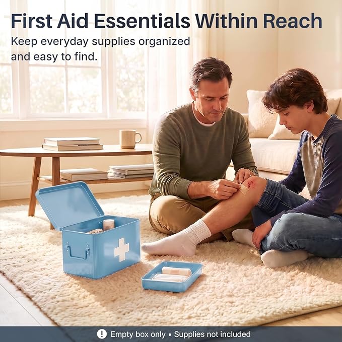 Flexzion Large Metal First Aid Box Empty, 8.5-Inch, Blue with White Cross | Vintage Medicine Box and First Aid Storage Organizer with Removable Tray and Dividers; Empty Box Only, Supplies Not Included