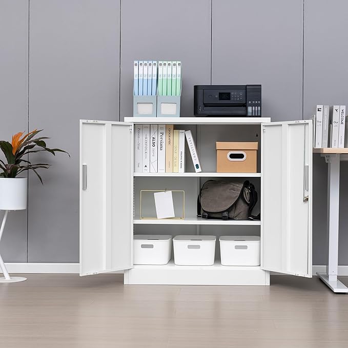 Wanfu Metal Storage Cabinet, 36" H Locking Storage Cabinet with 2 Adjustable Shelves for Garage, Home, Office, Utility Room-White