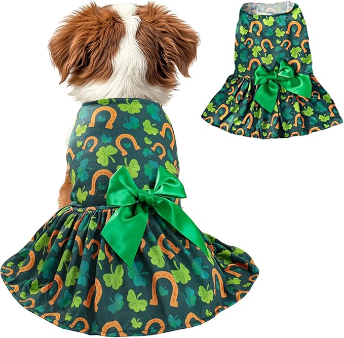 St. Patrick's Day Dog Costume Dress S, Green Shamrock and Horseshoe Print with Satin Bow, Pet Outfit for 6-7 lbs Dogs and Cats, Festive Holiday Apparel