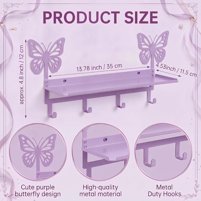 Purple Butterfly Coat Rack Wall Mount with Shelf Metal Entryway Hanging Shelf with 4 Hooks Cute Beach Coastal Bedroom Accessories Decor for Dog Leash Pet Collar Keys Clothes Hats Towel Purse