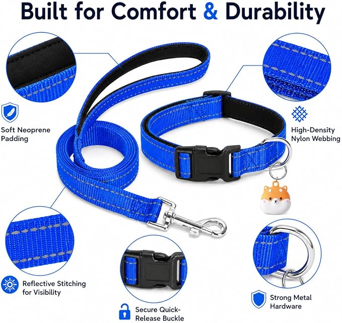 Reflective Soft Neoprene Padded Matching Dog Collar with Leash Airtag Holder Case Set Safety Breathable Adjustable Nylon Dog Collars for X-Small Small Medium Large Dogs-Navy Blue-L