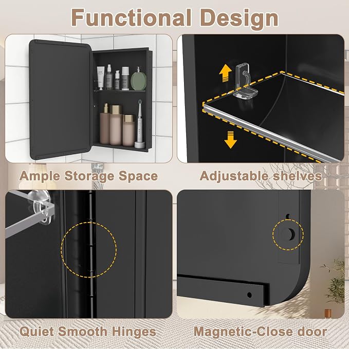 14x18 in Medicine Cabinet with Mirror for Small Space, Matte Black | Fully Assembled; Recessed or Surface Mount; Metal Construction with One Adjustable Glass Shelf for Flexible Storage
