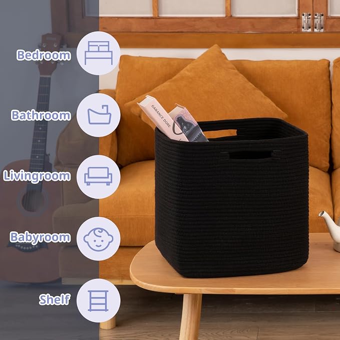 OIAHOMY 2 PACK Cube Storage Bin 13 Inch Collapsible Storage Cube Black | Cube Storage Organizer Storage Bins for Shelves Baskets for Organizing Woven Rope Storage Baskets