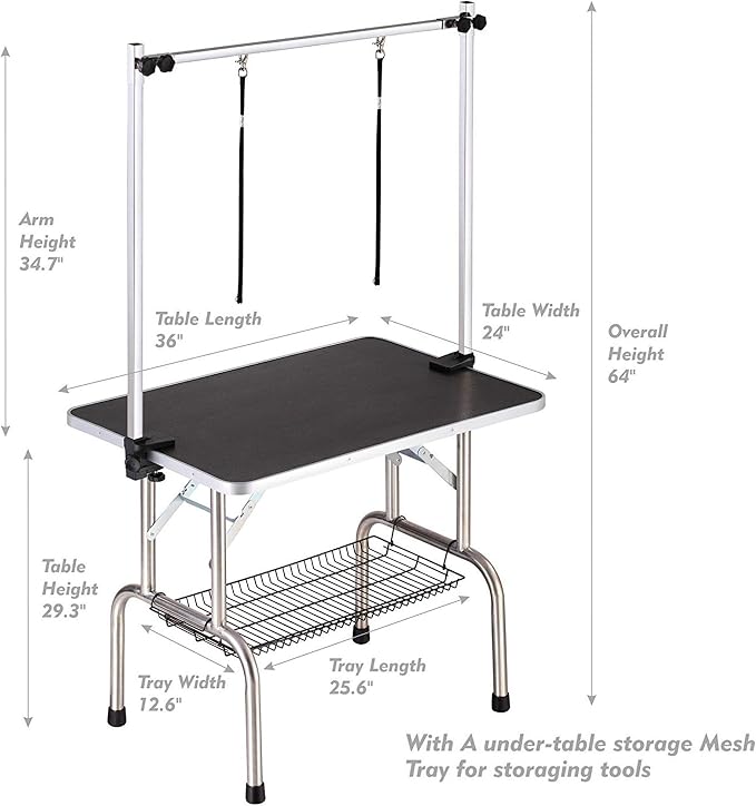 Pet Dog Grooming Table, Adjustable Large Heavy Duty Professional Foldable Trimming Stage with Arms, Noose, Mesh Tray, Maximum Capacity Up to 330LBS, 36''/Black