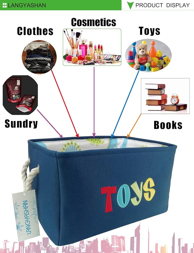Rectangular Thick Storage Bin Organizer for Closet Kitchen Office Navy Toys | Foldable Space Saving Canvas Fabric Laundry Hamper with Handles Organizer for Boys and Girls Bedroom Shelf Gifts Baskets