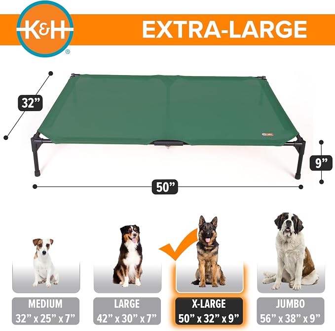 K&H Outdoor Elevated Dog Bed, Cooling Raised Dog Bed, XL 50x32in, Green | Pet Cot for Large & Extra Large Pets, Breathable Mesh 360 Hammock Design, Indoor/Outdoor Washable Cover, Portable Metal Frame