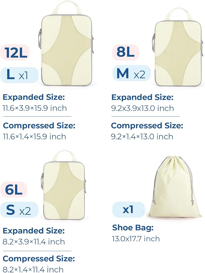 Bagsmart Compression Packing Cubes, Travel Bag Cruise Ship Essentials | Lightweight, Compressible Suitcase Organizer Set fit Standard Carry-On & Checked Luggage, 6 Set, 14 Set Washable Packing Bags