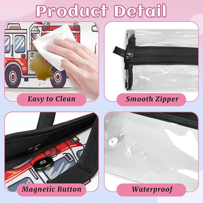 Fire Truck Makeup Bag for Women Hanging Roll-Up Travel Organizer Toiletry Kit with 4 Removable Compartments, Transportation