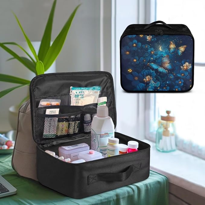 Rnyleeg Blue Flower Butterfly First Aid Bag Empty Pet First Aid Kit with Zipper Pocket Portable Emergency Medicine Tote Bag for Home Car Outdoor Sports