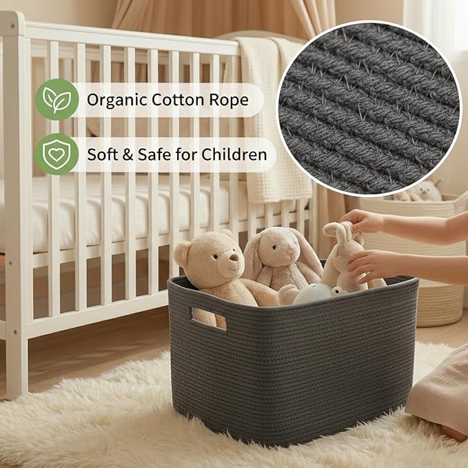 JMvicyroam 96L Large Woven Cotton Rope Blanket Basket, Grey | Blanket storage for living room or bedroom use, Freestanding with reinforced handles, Entire basket is machine washable