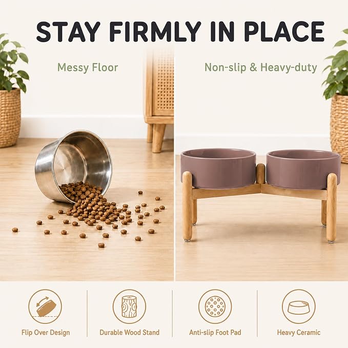 Havniva Ceramic Dog Bowls Elevated, Raised Dog Food Bowl for Large Dogs | 8.3” Elevated Dog Bowls, Non-Slip Wood Stand, Dog Food and Water Bowl Set, Dog Feeding Dish, Large Capacity Pet Water Bowl