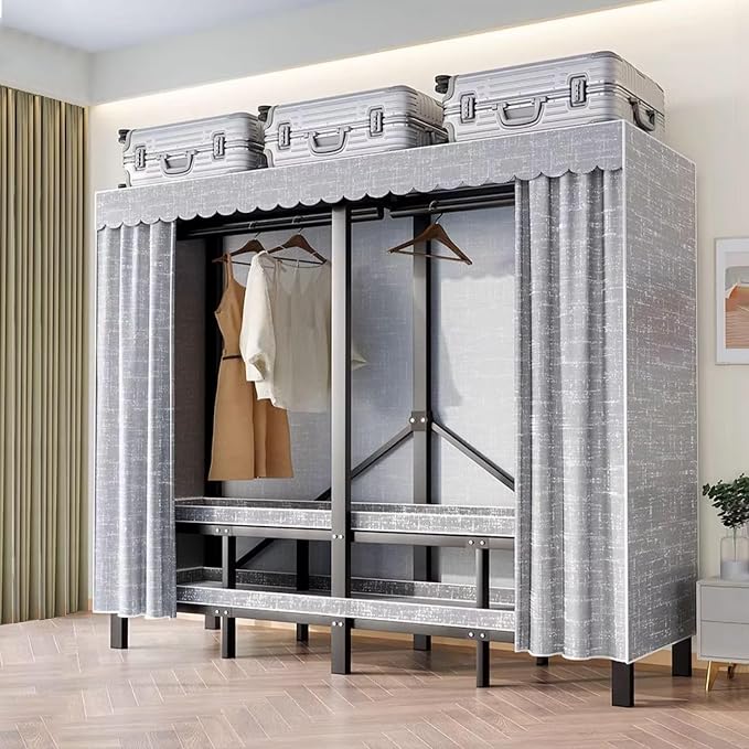 FPIGSHS Portable Wardrobe Closet Rack,1100lbs,Heavy-Duty Foldable Garment Rack With Cover，Freestanding Clothes Organizer System,enclosed Curtain Armoires For Hanging Clothes For Bedroom