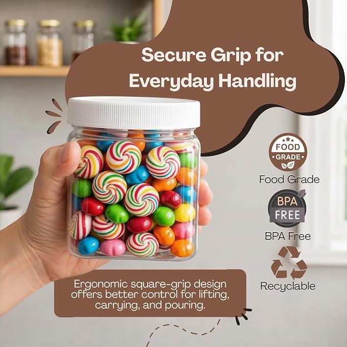 Pride Of India | Clear Food Grade PET Plastic Square Grip Storage Jar w/Cap 16 Fluid Ounces | 2-3 Cup Storage Capacity | Airtight Seal & Easy Handling | Store Sugar, Spices, Nuts, Seeds & Pet Treats