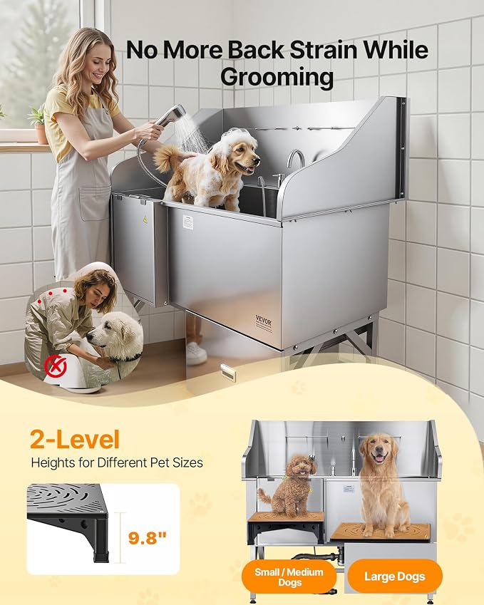 VEVOR Professional 304 Stainless Steel Dog Bathing Station, 61 inch Pet Grooming Tub w/Anti-Slip ramp, Storage Drawer, Cold Hot Faucet Showerhead, for Large & Medium & Small (Left Door, with Drawer)