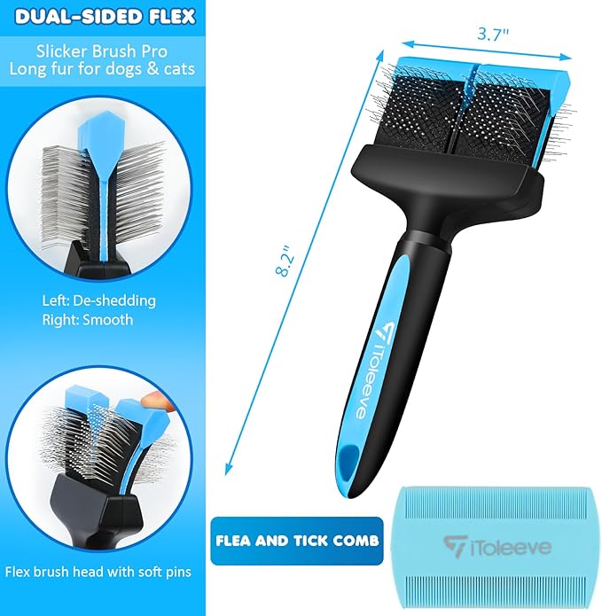 iToleeve Dual Flex Slicker Brush Dog Brush, Gentle Grooming Tool for Sensitive Dogs & Cats - Ideal for Long Hair, Removes Undercoat, Tangles, and Knots