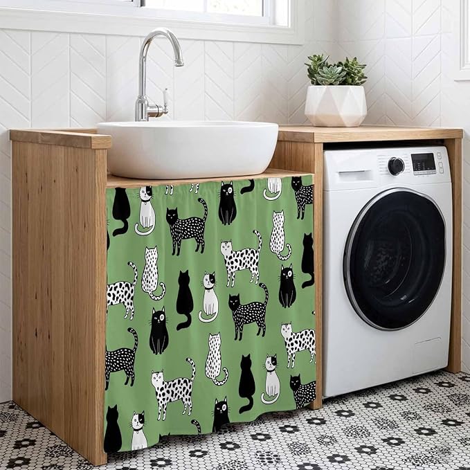 Cat Animal Cabinet Curtain 35"Wx35"L,Dustproof Under Sink Skirt with Self Adhesive Tape,Sage Green Earthy Tone Vintage Pet Modern Cabinet Curtain Cover for Kitchen Sink,Bathroom Vanity,Laundry Room