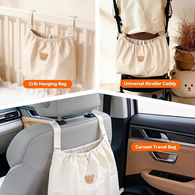 Universal Stroller Organizer Nylon Stroller Storage Bag for Baby Essentials | Large Capacity, Non-Slip, Adjustable, with Hook & Loop, Cargo Bag for Umbrella & Pet Stroller Accessories, Beige Bear