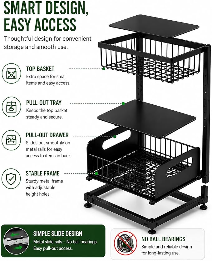 Under Sink Organizer, 2 Tier Adjustable Cabinet Organizer with Slide-Out Drawer, Heavy Duty Metal Storage Rack for Kitchen, Bathroom & Laudry room.