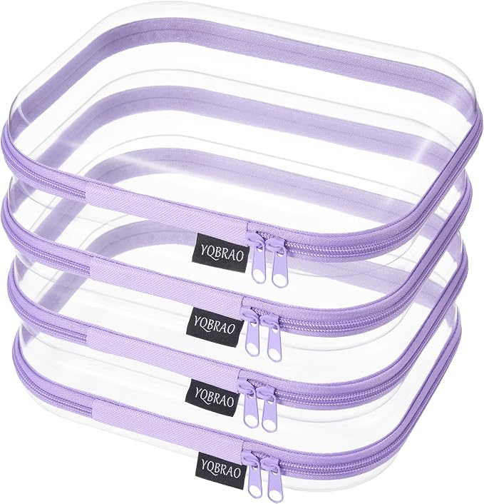 YQBRAO Clear Hard Shell Zipper Cases, 4 Medium Makeup Organizers, Purple | Rigid 1.2 mm PET and YKK dual zippers for skincare, toiletries, chargers, notebooks and daily essentials