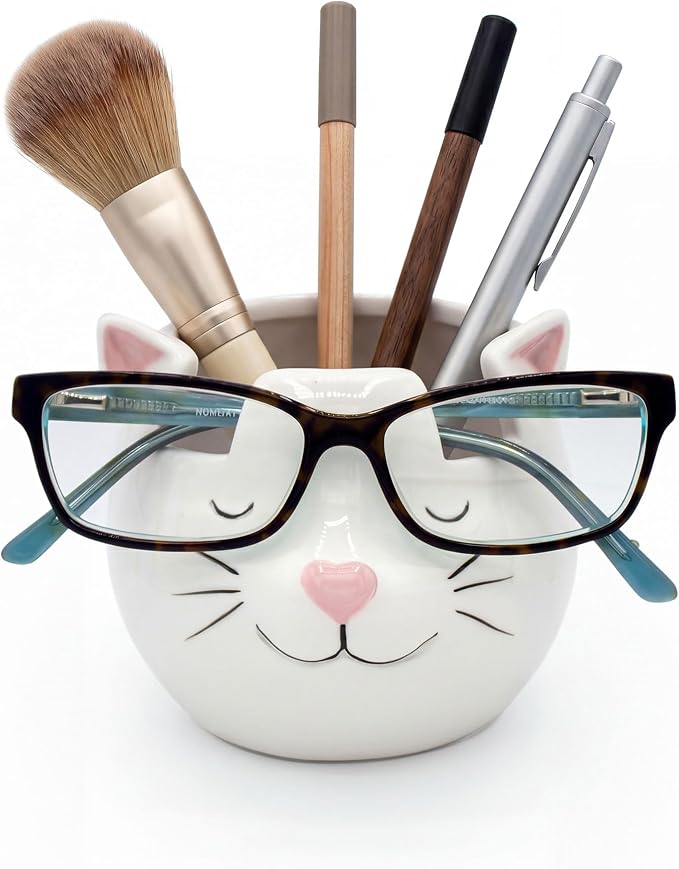 White Cat Eyewear Holder, Multi-Purpose Accessories for Makeup and Stationery, Compact and Cute