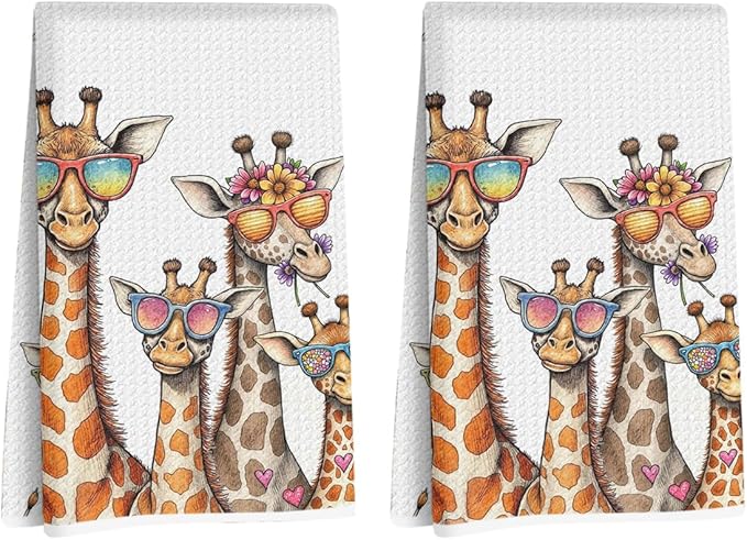Hanamiya Na 2 Pcs Funny Giraffe Kitchen Towels 24x14 Inch, Giraffes Reusable Dish Towels for Kitchen Bathroom Decor, Waffle Weave Hand Cloth Tea Towel, Giraffe Gifts for Women Friend Boys Girls
