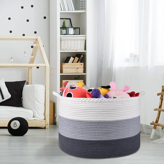 COMSE Large Woven Blanket & Laundry Basket, 87L, White & Gray | 21.7" x 13.8", Cotton Rope, Nursery Hamper for Storage of Toys Clothes Towels, Ideal for Living Room Bedroom Bathroom