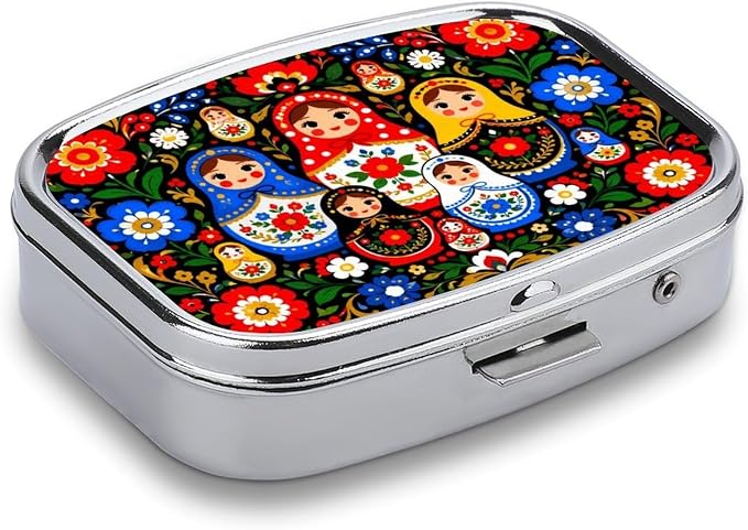Matryoshka in Floral Harmony Two Compartment Pill Box Medicine Organizer, Portable Pill Case with Secure Snap Closure for Vitamins Medication Supplements Daily Use