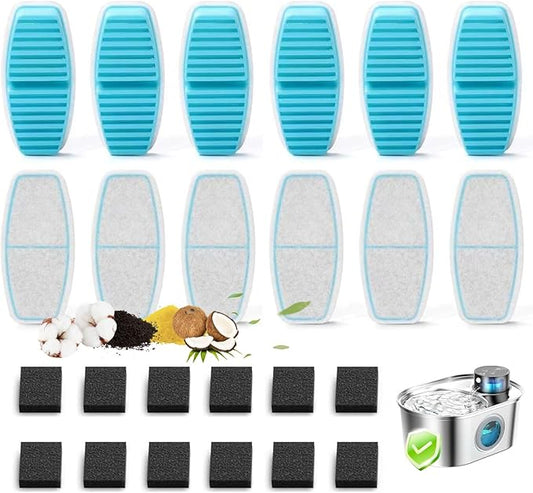 Official POOEKEN 24 Packs(12 Filters + 12 Sponges) for B3 Battery Cat Water Fountain, Cat Fountain Replacement Filters with Activated Carbon Filter, Ultra-fine Fiber
