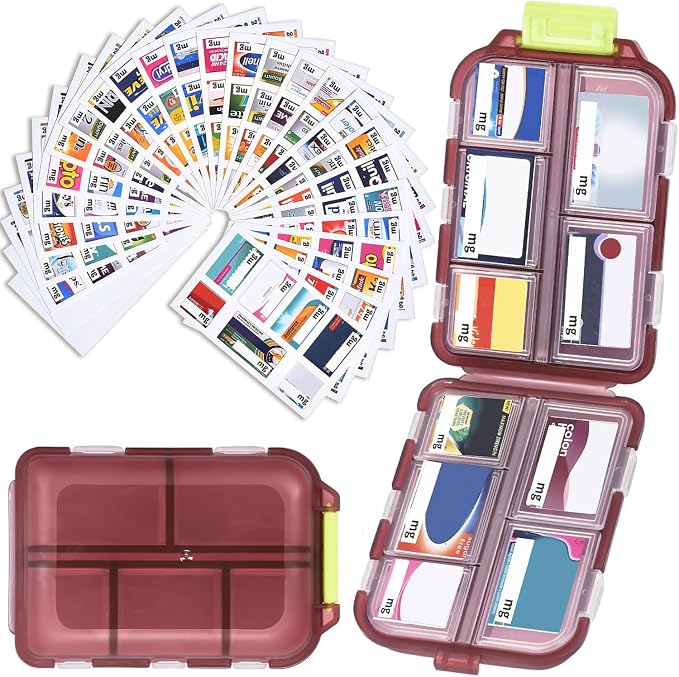 Medicine Pill Organizer with 189 Labels, 10 Compartments Travel Pill Box, Mini Case, Compact Container for Purse (Brown)