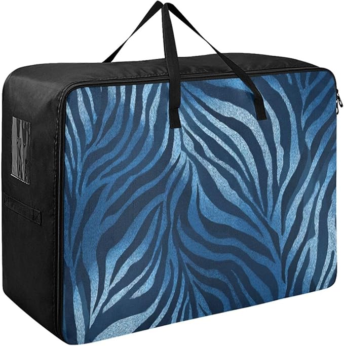 Comforter Storage Bags Large Folding Blanket Organizer Bag with Strong Handles Clear Window Closet Storage Containers for Clothes King Queen Pillows Bedding Quilt Duvet Navy Blue Zebra Print