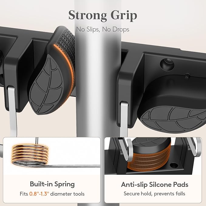 Lifewit Mop and Broom Holder Organizer Wall Mount Non-Slip, 2 Pack, Black | Easy Install One Handed Push Cleaning Tool Hanger with 6 Hooks 5 Slots, Heavy Duty Hanging Utility Rack for Garden, Garage