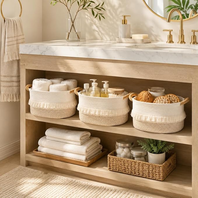 Storage Basket, Woven Baskets for Shelves, White/Brown | 3 Pack Boho Cotton Rope Storage Baskets, 14" x 9" x 8", Home Organizer for Nursery, Holds Toys, Books & Towels
